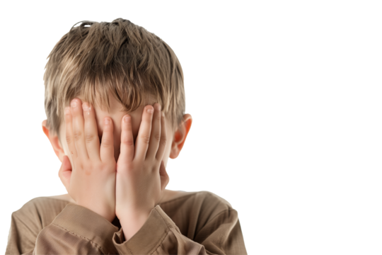 Closeup portrait of an embarrassed kid covering his face with his hands. Transparent background and space for copy