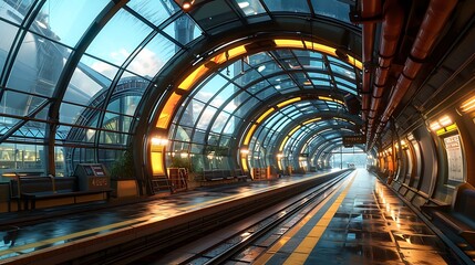 A sleek futuristic train station with curvaceous architecture, featuring smooth lines and high-tech materials that echo the speed and efficiency of modern rail travel. - obrazy, fototapety, plakaty