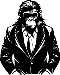 Classy Chimp Long Haired Ape in Formal Attire Emblem Professional Primate Chimpanzee Wearing Suit Vector Icon