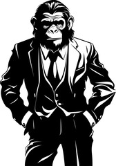 Classy Creatures Stylish Long Haired Chimpanzee Suit Vector Emblem Formal Fashionistas Suited Chimpanzee Icon Emblem