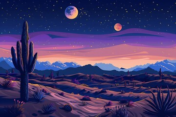 : A desert landscape with cacti and sand dunes under a twilight sky.