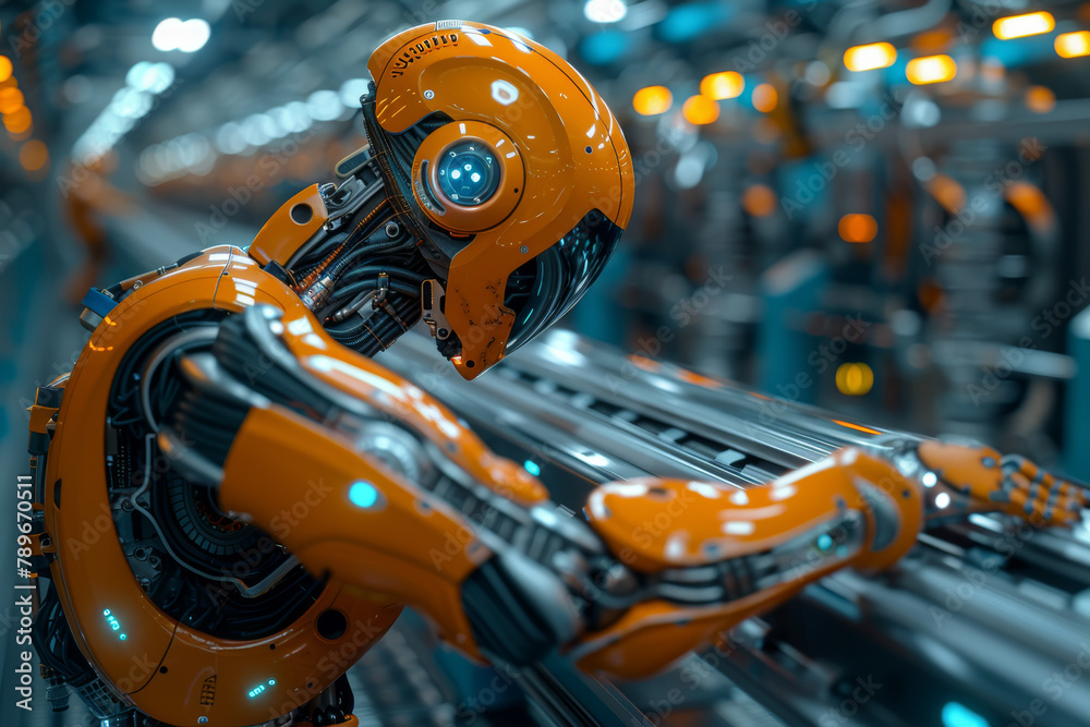Poster a robotic arm controlled by ai algorithms, performing precise tasks in manufacturing or assembly lin