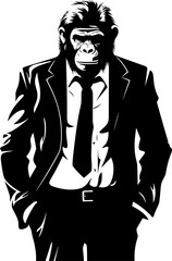 Chic Chimp Charm Suave Chimpanzee Icon in Suit Vector Professional Panache Long Haired Chimp in Formal Attire Logo