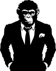Sleek Simian Style Long Haired Chimp Suit Emblem Design Suited Savvy Stylish Chimpanzee in Formal Attire Icon