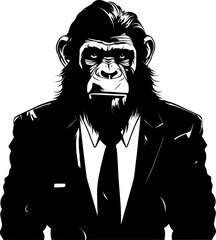 Tailored Ape Elegance Suited Chimpanzee Logo Sophisticated Simian Style Long Haired Chimp Vector Icon