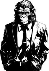 Distinguished Primate Chic Chimpanzee in Formal Attire Emblem Executive Ensemble Suave Long Haired Chimpanzee Suit Icon