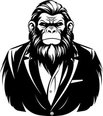 Fototapeta premium Sartorial Simians Long Haired Chimpanzee Suit Icon Formal Finesse Stylish Chimp in Suit Vector Emblem