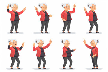 Fototapeta na wymiar Mature woman character set. Elderly energetic woman posing and pointing at something. Vector illustration vector icon, white background, black colour icon