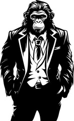 Elegant Evolution Stylish Chimp in Formal Attire Vector Dapper Primate Design Long Haired Chimpanzee Suit Icon Emblem