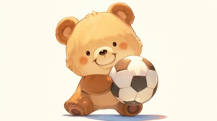 Teddy Bear flashes a smile as he stands against a crisp white backdrop cradling a soccer ball in his left arm The image is set against a pure white background casting a gentle shadow for ad