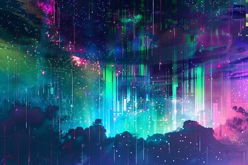: A digital glitch reimagines the night sky. A fractured grid reveals glimpses of a vibrant aurora borealis, its vibrant greens and purples distorted and pulsating. Glittering pixels rain down like 
