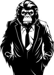 Professional Panache Long Haired Chimp in Formal Attire Emblem Sophisticated Swagger Suited Chimpanzee Emblem Icon