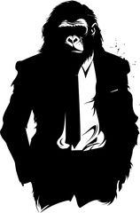 Formal Finesse Stylish Long Haired Chimp in Suit Logo Design Tailored Trends Long Haired Chimpanzee Suit Emblem Icon