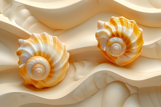 Dos concas de caracol marino sobre dunas de arena amarillo claro fina. Verano y  Belleza marina
