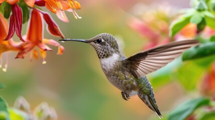 Naklejka premium Close-up of a hummingbird hovering near a vibrant flower, sipping nectar with its slender beak