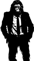 Distinguished Dress Suave Long Haired Chimp in Suit Logo Tailored Tropics Stylish Chimpanzee Vector Icon