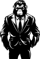 Sleek Ape Long Haired Chimp in Business Suit Logo Elegant Executive Suited Chimpanzee Icon Design