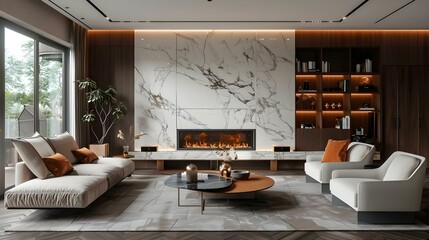 Elegant Minimalist Living Room with Fireplace and Bookshelf. Concept Minimalist Decor, Cozy Fireplace, Stylish Bookshelf
