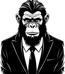 Distinguished Dress Stylish Long Haired Chimp in Suit Icon Tailored Tropics Suave Chimpanzee Emblem Vector