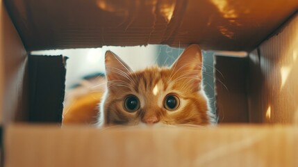 curious cat investigates a cardboard box, a playful smirk suggesting it's found the perfect hiding spot for fun.