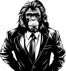 Executive Elegance Suave Chimpanzee Emblem Logo Dapper Distinction Long Haired Chimp in Business Suit Icon