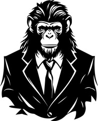 Dapper Distinction Long Haired Chimp in Business Suit Icon Tailored Tradition Stylish Chimpanzee Vector Emblem