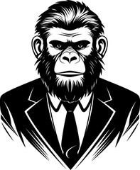 Dashing Demeanor Long Haired Chimpanzee Emblem Design Suave Simian Sophistication Stylish Chimp in Suit Logo