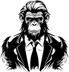 Formal Fashion Stylish Long Haired Chimp Emblem Tailored Tradition Suave Chimpanzee Logo Icon