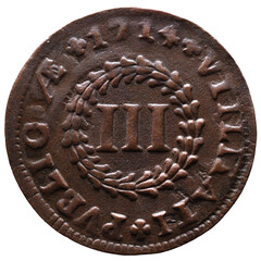 Old Portuguese III Réis Copper coin from the reign of Pedro II king of Portugal in the 17th century