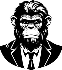 Sartorial Sophistication Long Haired Chimp in Suit Emblem Formal Fur Stylish Chimpanzee Vector Icon