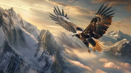 Poster majestic eagle soaring high above the mountains, a symbol of strength and freedom © buraratn