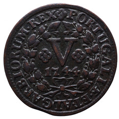 Portuguese V reis coin in copper from the reign of João V king of Portugal in the 18th century