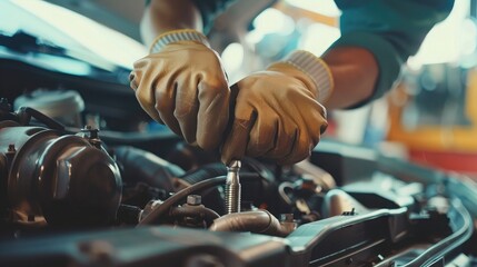 mechanic replaces spark plugs in a car, promoting smooth ignition and fuel efficiency. - obrazy, fototapety, plakaty