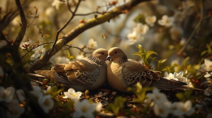Obraz premium A serene view of a pair of doves nestled among the gentle branches of a blooming cherry tree, symbolizing peace and tranquility in the springtime air
