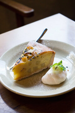 Piece of cake on a plate in a Japanese coffee shop in Kyoto