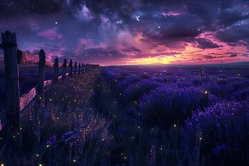 : A field of lavender stretches towards the horizon, its purple hues deepening as the day surrenders to dusk. A weathered wooden fence separates the lavender from a wild meadow, 