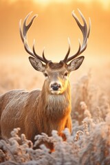 Fototapeta premium A deer standing in a field of tall grass