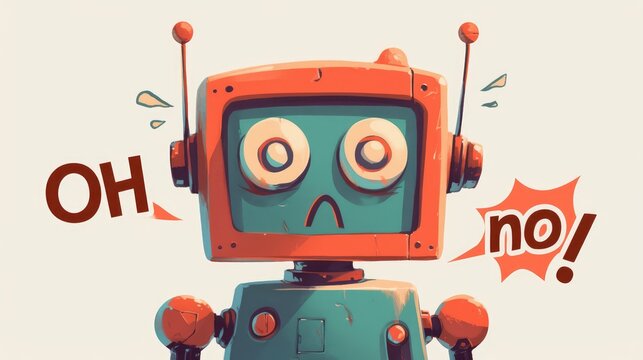 A cartoon illustration featuring a classic robot cartoon exclaiming oh no against a plain white backdrop