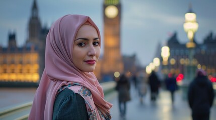 portrait of a woman with a hijab in England with Big Ben in the background out of focus at sunset...