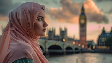 group of muslim women with hijab in england with the big ben in the background