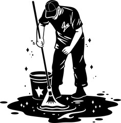 Squeaky Clean Man with Bucket and Mop Vector Polished Perfection Cleaning Floor Logo Design