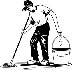 Spotless Shine Floor Cleaning Emblem Design Mop Mastery Man with Bucket Icon Emblem