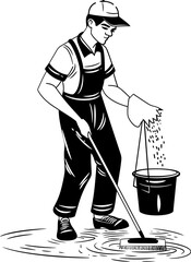 Neat and Clean Floor Cleaning Emblem Design Sweeping Serenity Man with Bucket Logo Icon