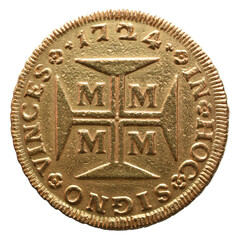 Portuguese gold coin from the reign of Dom João V in the 18th century. Cross of Christ and the...
