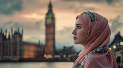 portrait of a woman with hijab in england with big ben in the background