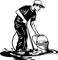 Sparkling Solutions Cleaning Floor Logo Vector Gleam Team Man with Mop and Bucket Design