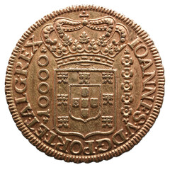 Portuguese gold coin from the reign of Dom João V in the 18th century. Coat of Arms on the face of...