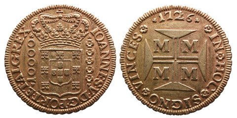 Portuguese gold coin from the reign of Dom João V in the 18th century. Meio dobrão (half a doubloon). Coin minted in Brazil in Minas Gerais