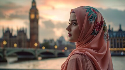 portrait of a woman with hijab in england with big ben in the background out of focus