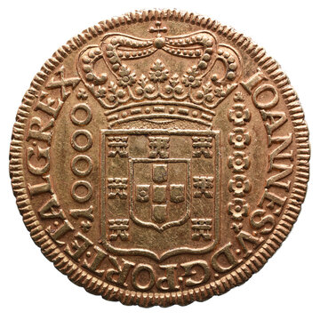 Portuguese gold coin from the reign of Dom Jo&atilde;o V in the 18th century. Coat of Arms on the face of the coin and the value of 10,000 r&eacute;is (half a doubloon). Subtitles in Latin. Coin minted in Brazil